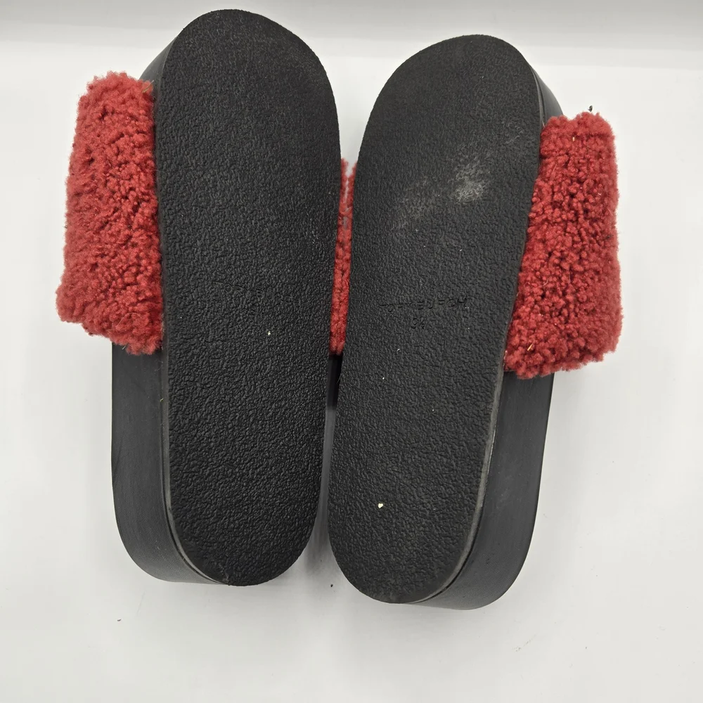 Tory Burch Double T Shearling Flatform Slide Sandals in a vibrant red and cream